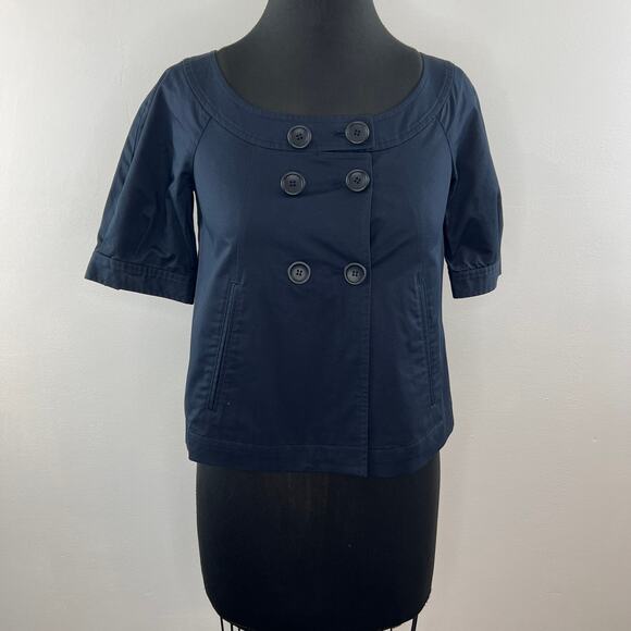THEORY Navy Blue Short Sleeve Scoop Neck Button Jacket with Pockets Size 2 - Picture 2 of 11